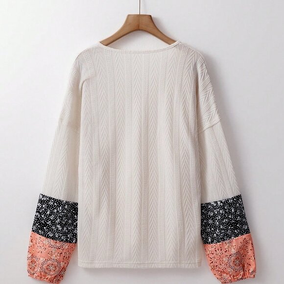 Beige Casual Women's multi Pattern Long Sleeve Loose V-Neck Pullover top - Picture 5 of 8